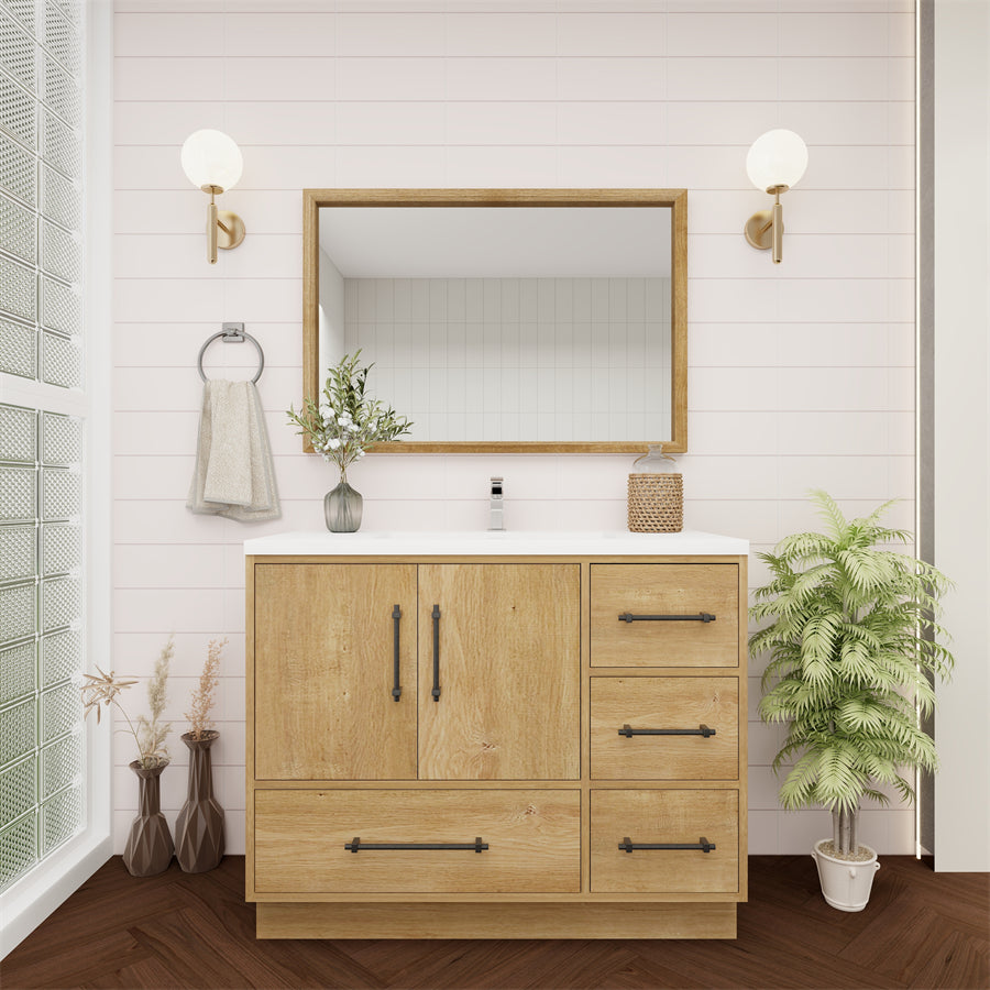Victoria 42 In. Freestanding Single Sink Bathroom Vanity with Acrylic Sink Top & Right Side Drawers & Doors