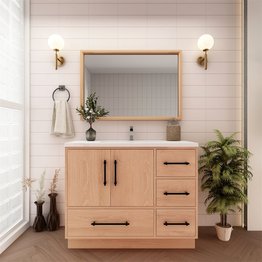 Victoria 42 In. Freestanding Single Sink Bathroom Vanity with Acrylic Sink Top & Right Side Drawers & Doors