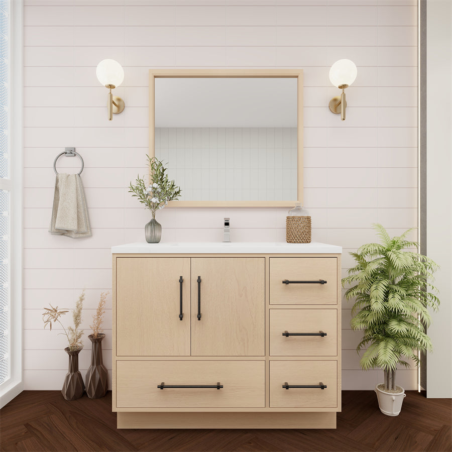 Victoria 42 In. Freestanding Single Sink Bathroom Vanity with Acrylic Sink Top & Right Side Drawers & Doors