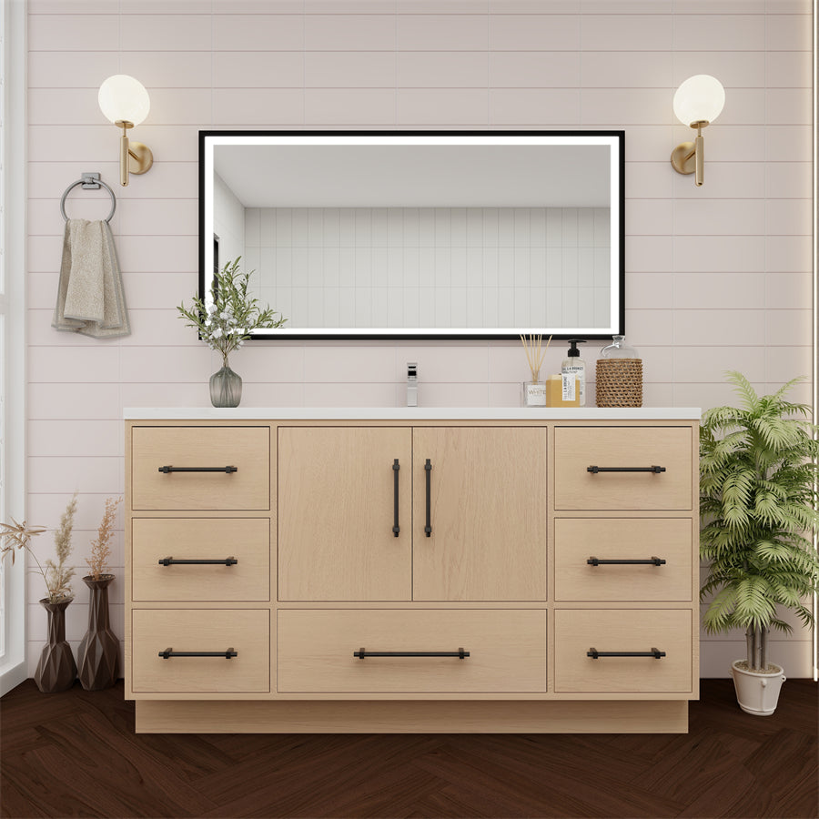 Victoria 60 In. Freestanding Single Sink Bathroom Vanity with Acrylic Sink Top & Soft Closing Doors & Drawers