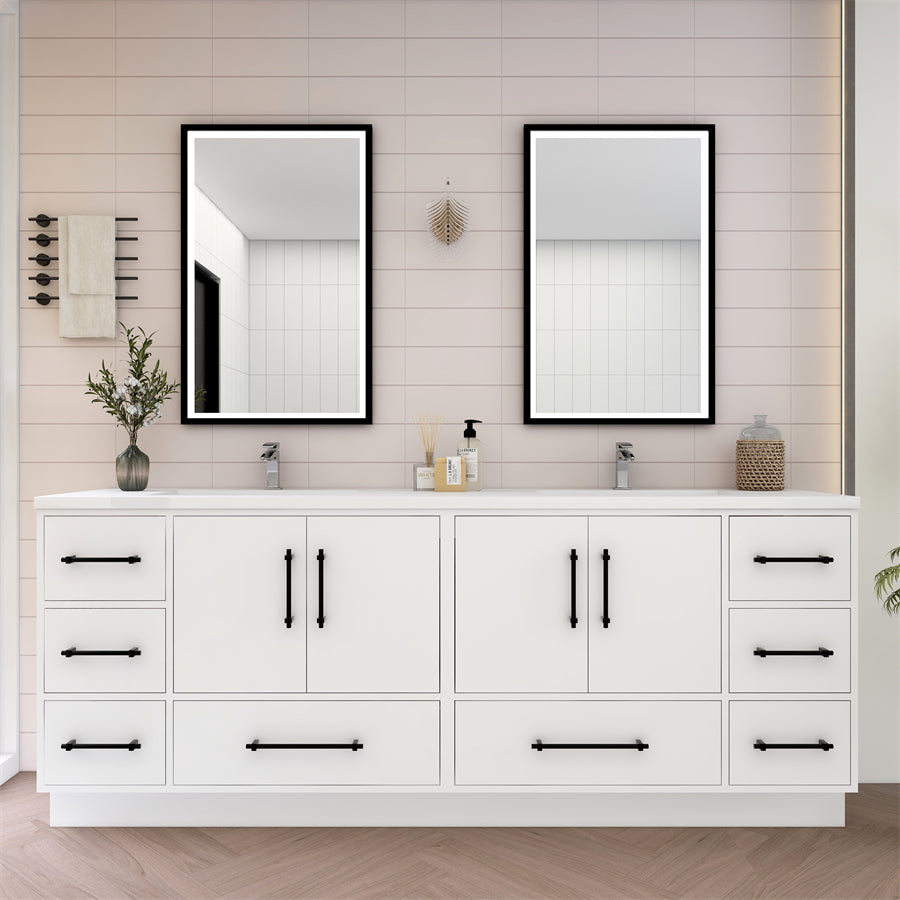 Victoria 84 In. Freestanding Double Sink Bathroom Vanity with Acrylic Sink Top & Soft Closing Doors & Drawers