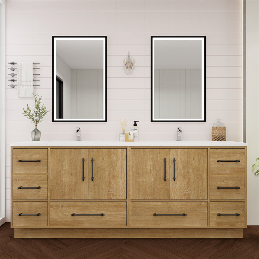 Victoria 84 In. Freestanding Double Sink Bathroom Vanity with Acrylic Sink Top & Soft Closing Doors & Drawers