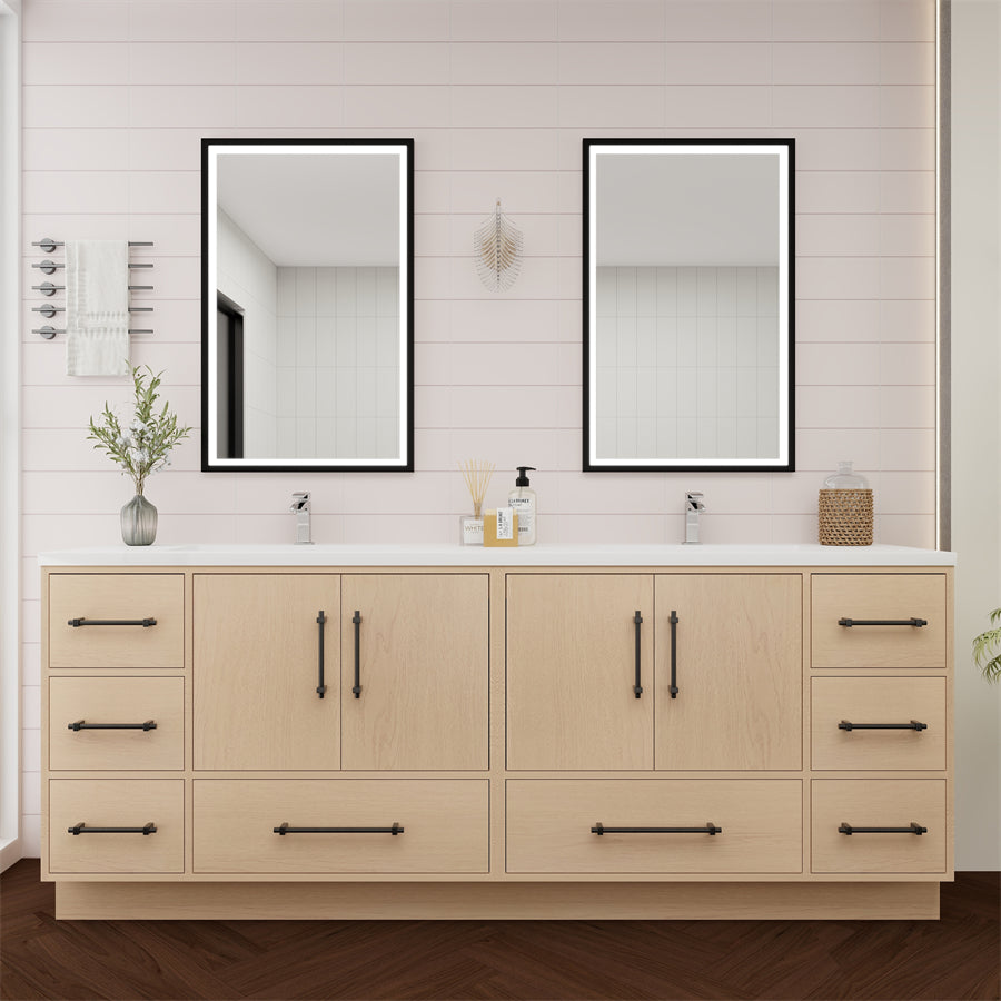Victoria 84 In. Freestanding Double Sink Bathroom Vanity with Acrylic Sink Top & Soft Closing Doors & Drawers