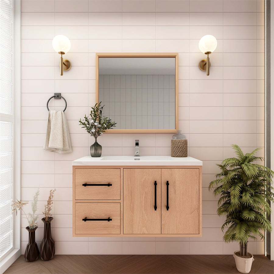 Victoria 36 In. Floating Single Sink Bathroom Vanity with Acrylic Sink Top & Left Side Drawers & Doors