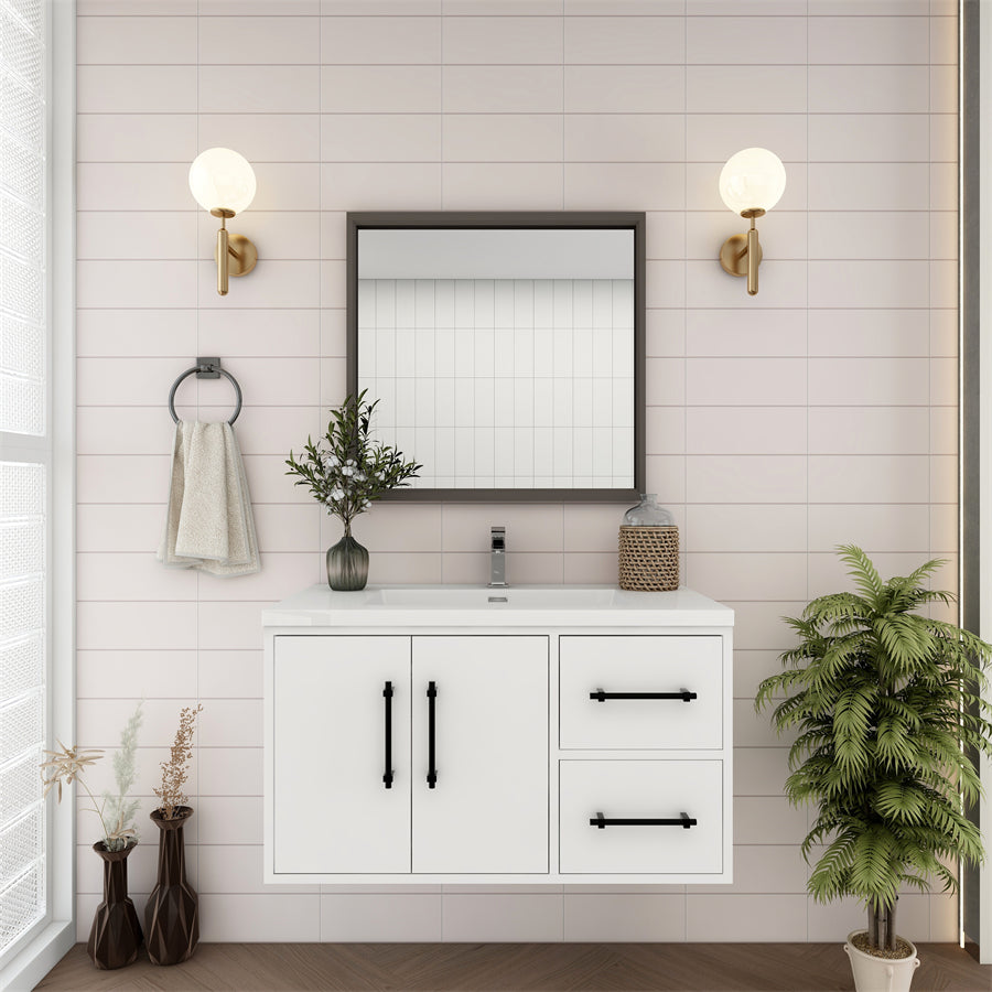 Victoria 36 In. Floating Single Sink Bathroom Vanity with Acrylic Sink Top & Right Side Drawers & Doors