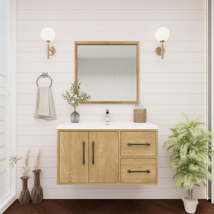 Victoria 36 In. Floating Single Sink Bathroom Vanity with Acrylic Sink Top & Right Side Drawers & Doors