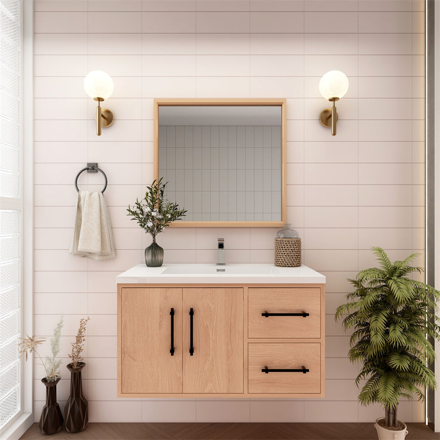 Victoria 36 In. Floating Single Sink Bathroom Vanity with Acrylic Sink Top & Right Side Drawers & Doors