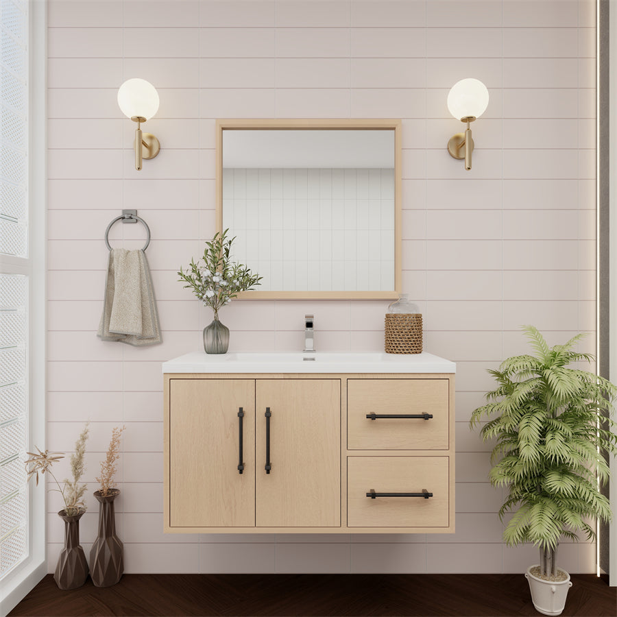 Victoria 36 In. Floating Single Sink Bathroom Vanity with Acrylic Sink Top & Right Side Drawers & Doors