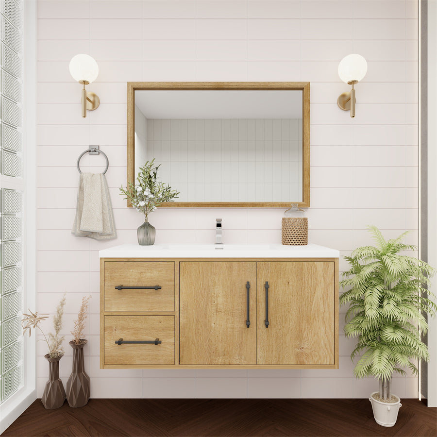 Victoria 42 In. Floating Single Sink Bathroom Vanity with Acrylic Sink Top & Left Side Drawers & Doors