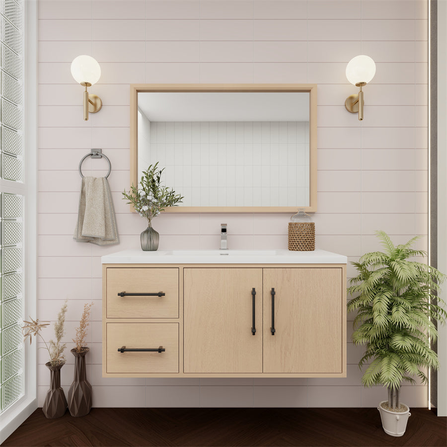 Victoria 42 In. Floating Single Sink Bathroom Vanity with Acrylic Sink Top & Left Side Drawers & Doors