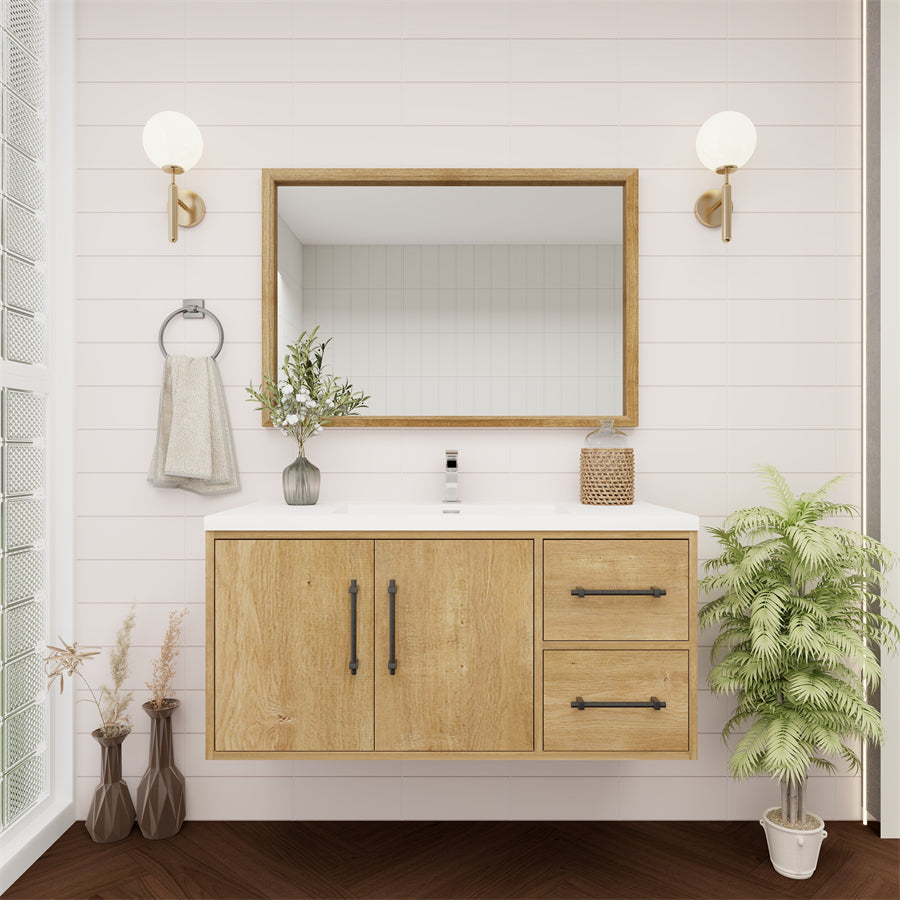 Victoria 42 In. Floating Single Sink Bathroom Vanity with Acrylic Sink Top & Right Side Drawers & Doors