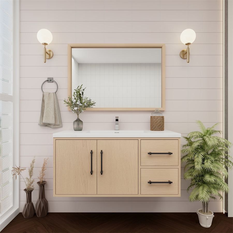 Victoria 42 In. Floating Single Sink Bathroom Vanity with Acrylic Sink Top & Right Side Drawers & Doors