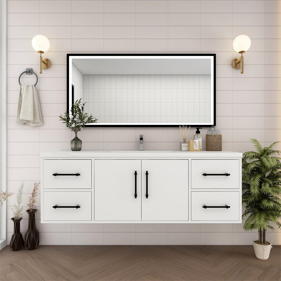 Victoria 60 In. Floating Single Sink Bathroom Vanity with Acrylic Sink Top & Soft Closing Doors & Drawers