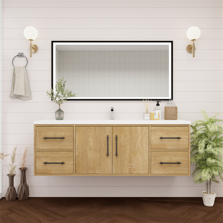 Victoria 60 In. Floating Single Sink Bathroom Vanity with Acrylic Sink Top & Soft Closing Doors & Drawers
