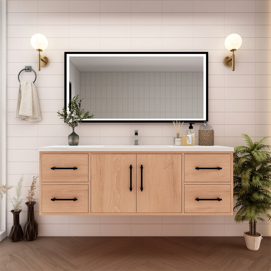 Victoria 60 In. Floating Single Sink Bathroom Vanity with Acrylic Sink Top & Soft Closing Doors & Drawers