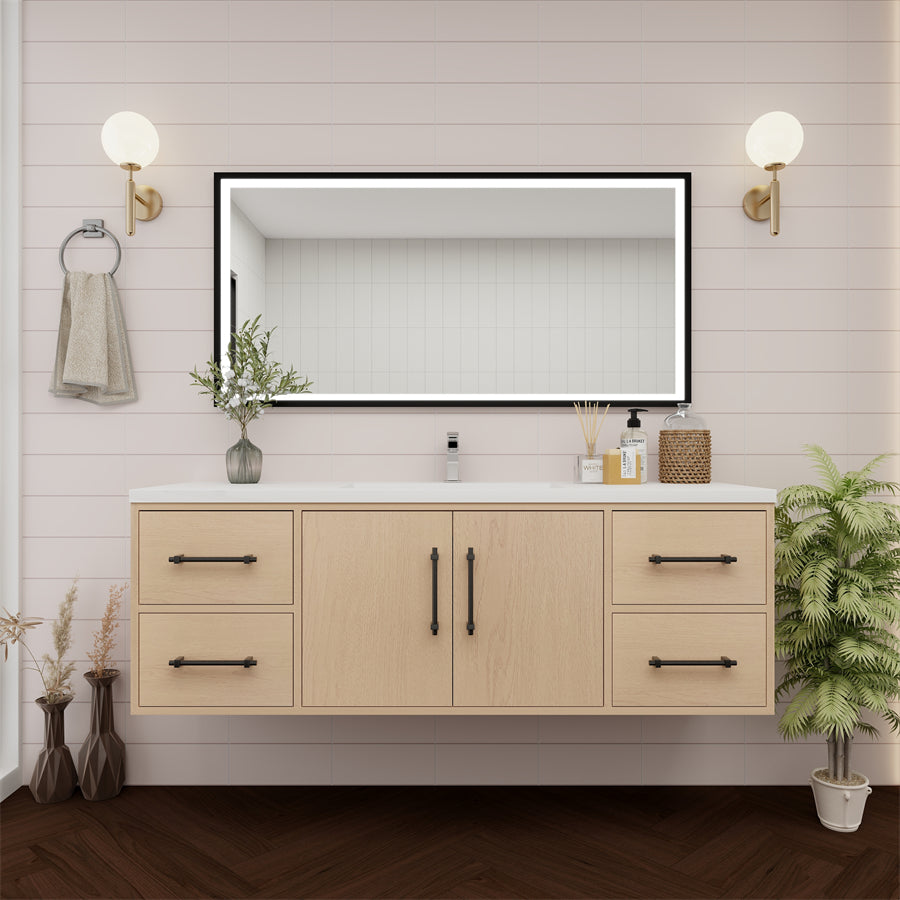 Victoria 60 In. Floating Single Sink Bathroom Vanity with Acrylic Sink Top & Soft Closing Doors & Drawers