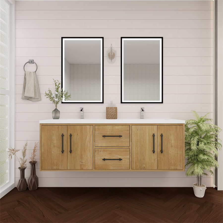 Victoria 60 In. Floating Double Sink Bathroom Vanity with Acrylic Sink Top & Soft Closing Doors & Drawers