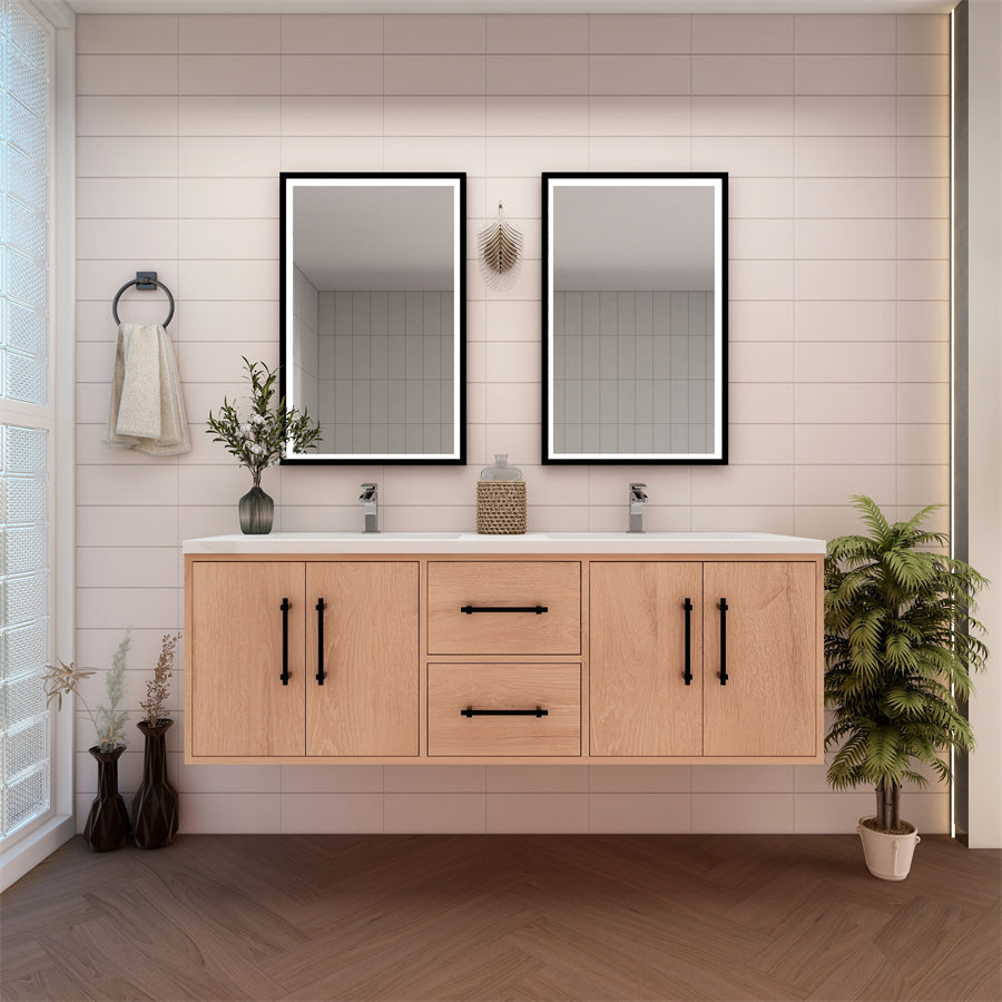 Victoria 60 In. Floating Double Sink Bathroom Vanity with Acrylic Sink Top & Soft Closing Doors & Drawers