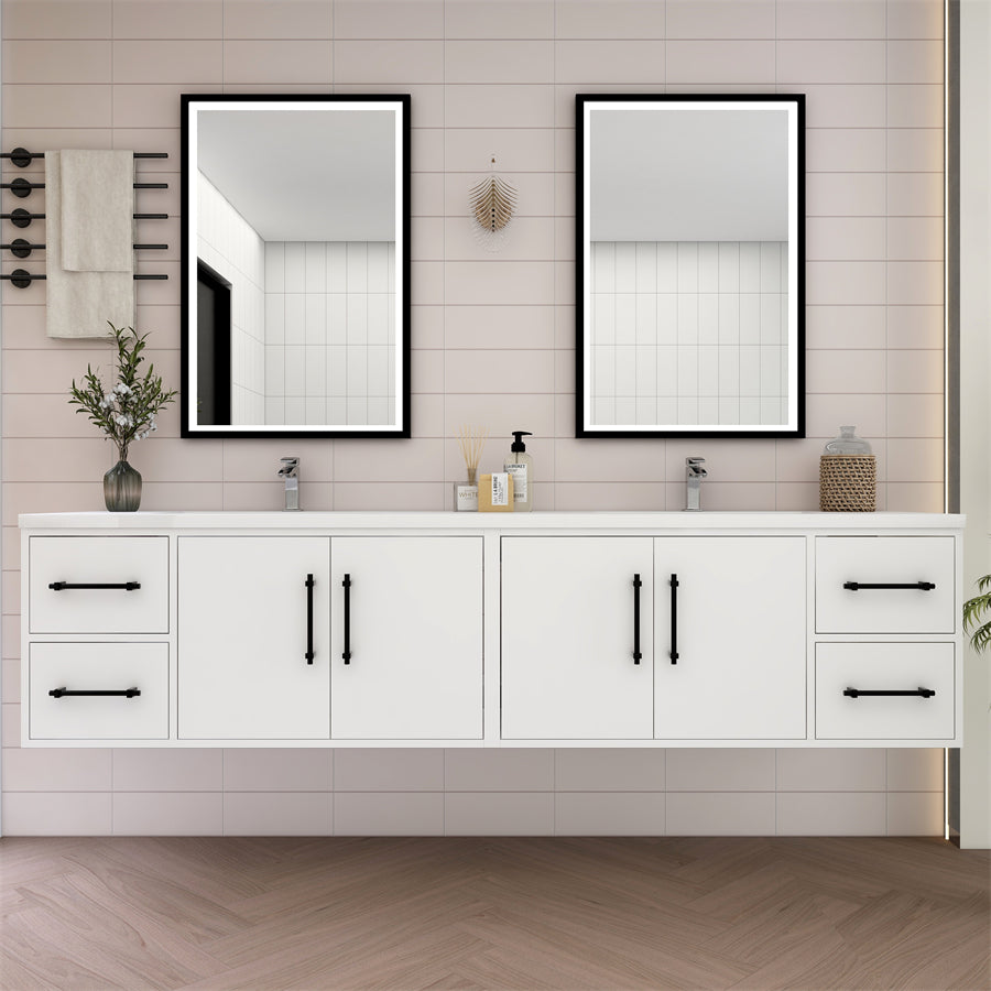 Victoria 84 In. Floating Double Sink Bathroom Vanity with Acrylic Sink Top & Soft Closing Doors & Drawers