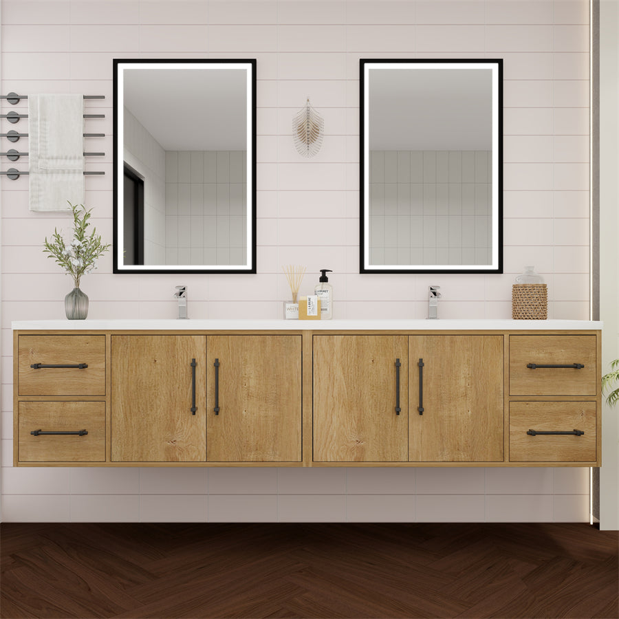Victoria 84 In. Floating Double Sink Bathroom Vanity with Acrylic Sink Top & Soft Closing Doors & Drawers