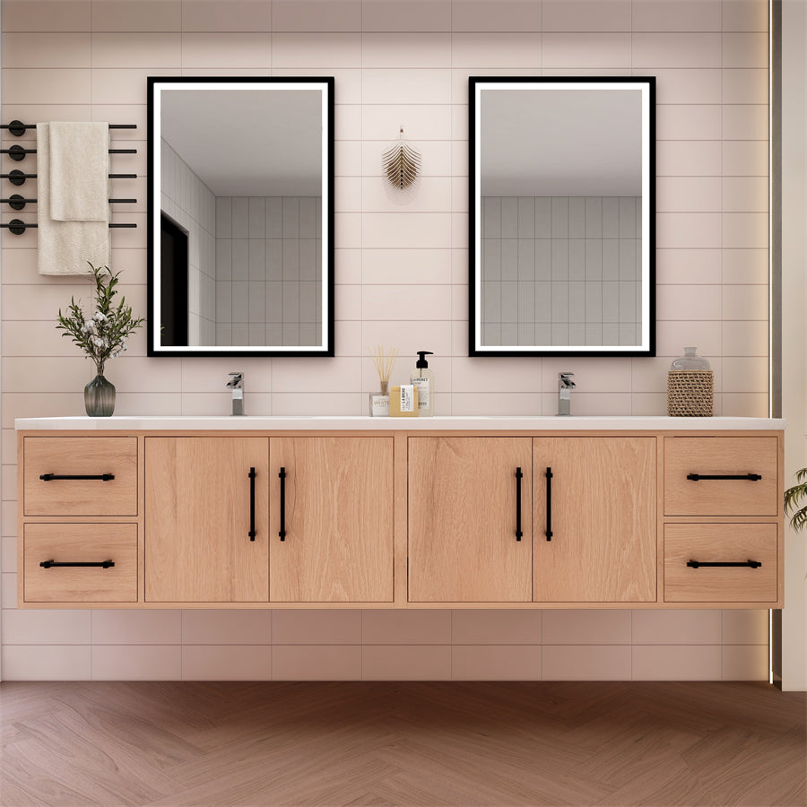 Victoria 84 In. Floating Double Sink Bathroom Vanity with Acrylic Sink Top & Soft Closing Doors & Drawers