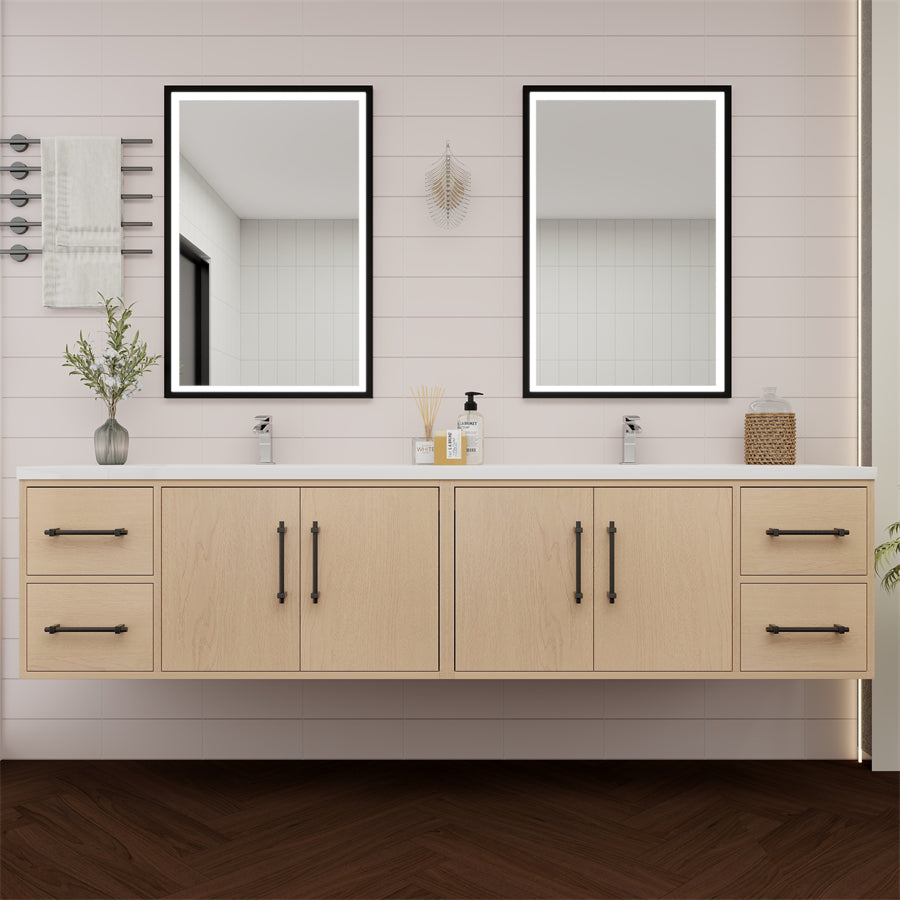 Victoria 84 In. Floating Double Sink Bathroom Vanity with Acrylic Sink Top & Soft Closing Doors & Drawers