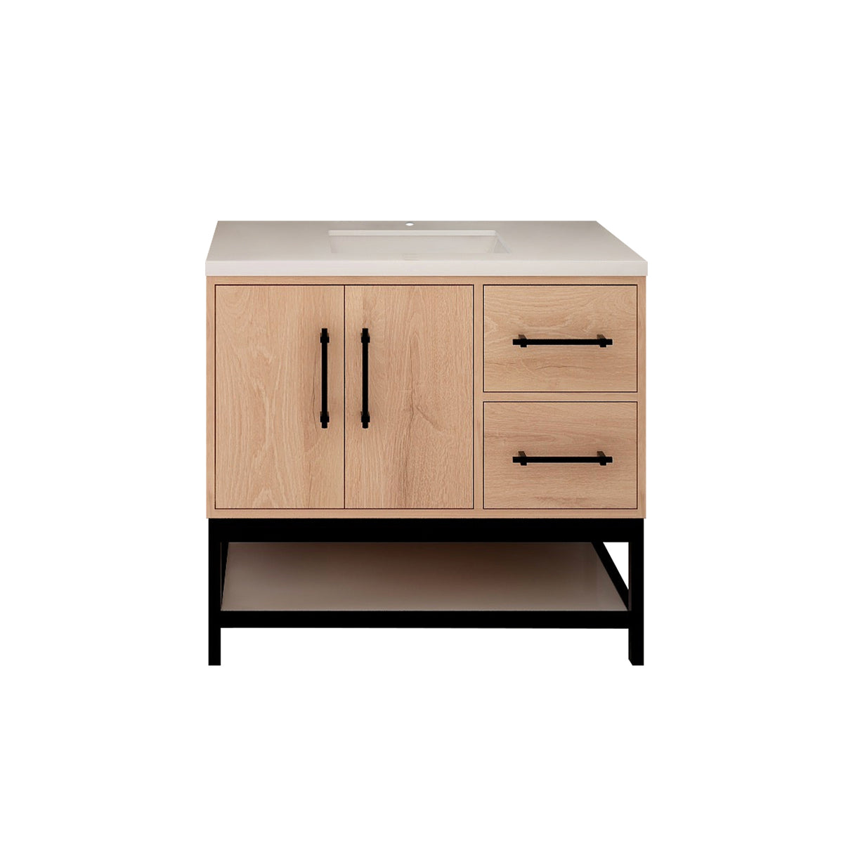 Victoria 36 In. Freestanding Single Sink Bathroom Vanity with Acrylic Sink Top, Open Shelf Storage & Right Side Drawers & Doors