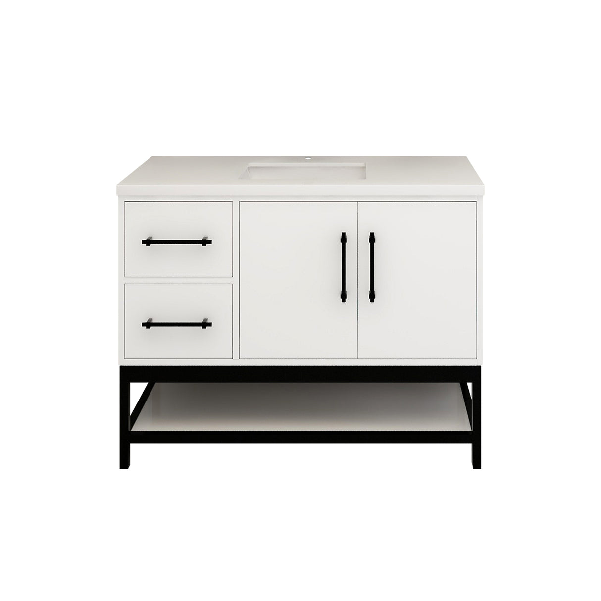 Victoria 42 In. Freestanding Single Sink Bathroom Vanity with Acrylic Sink Top, Open Shelf Storage & Left Side Drawers & Doors