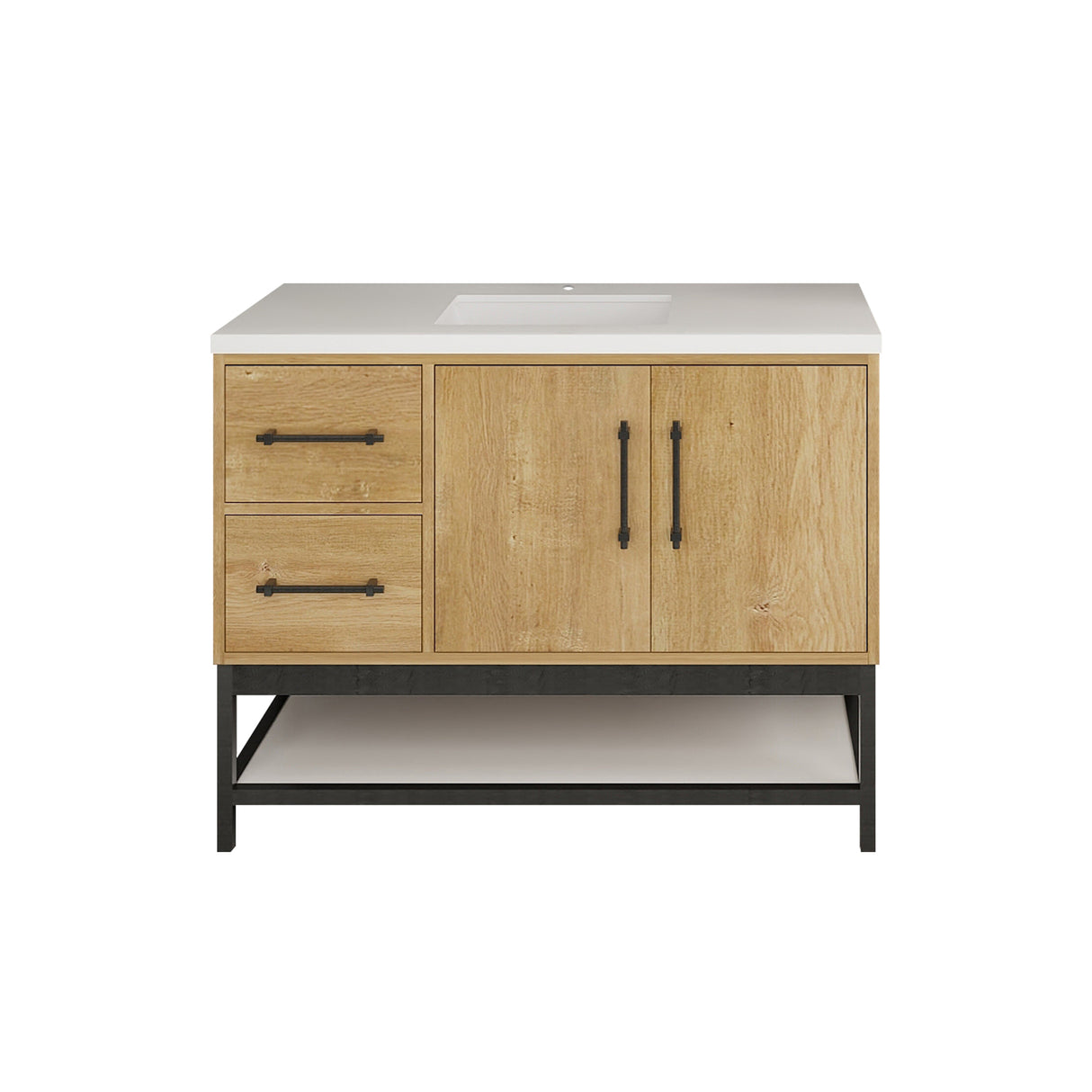 Victoria 42 In. Freestanding Single Sink Bathroom Vanity with Acrylic Sink Top, Open Shelf Storage & Left Side Drawers & Doors