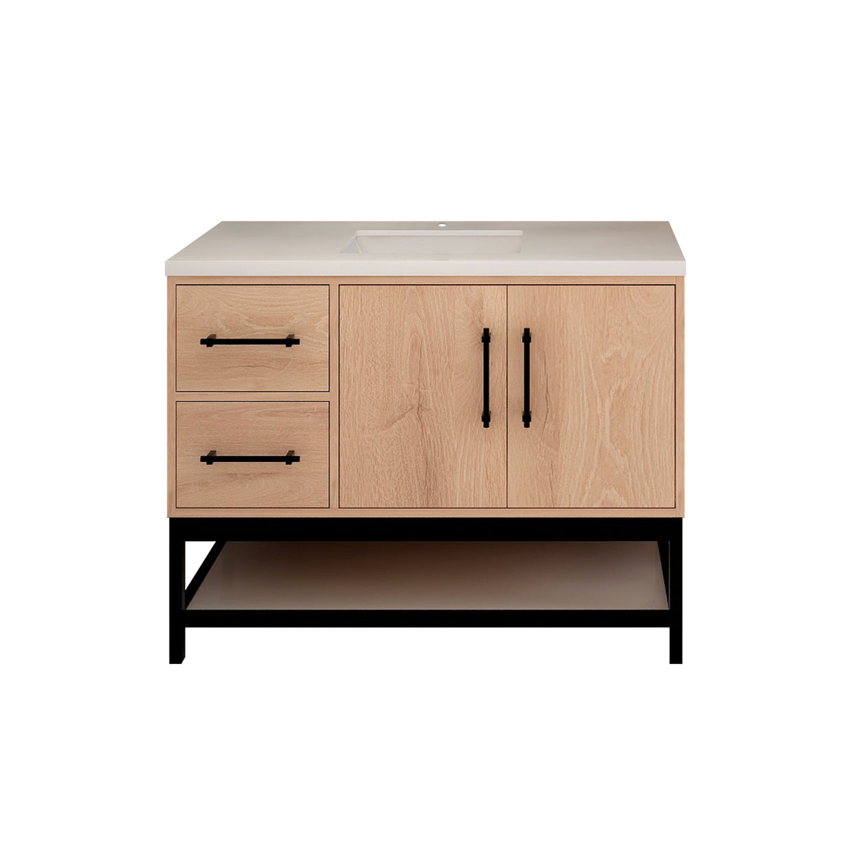 Victoria 42 In. Freestanding Single Sink Bathroom Vanity with Acrylic Sink Top, Open Shelf Storage & Left Side Drawers & Doors