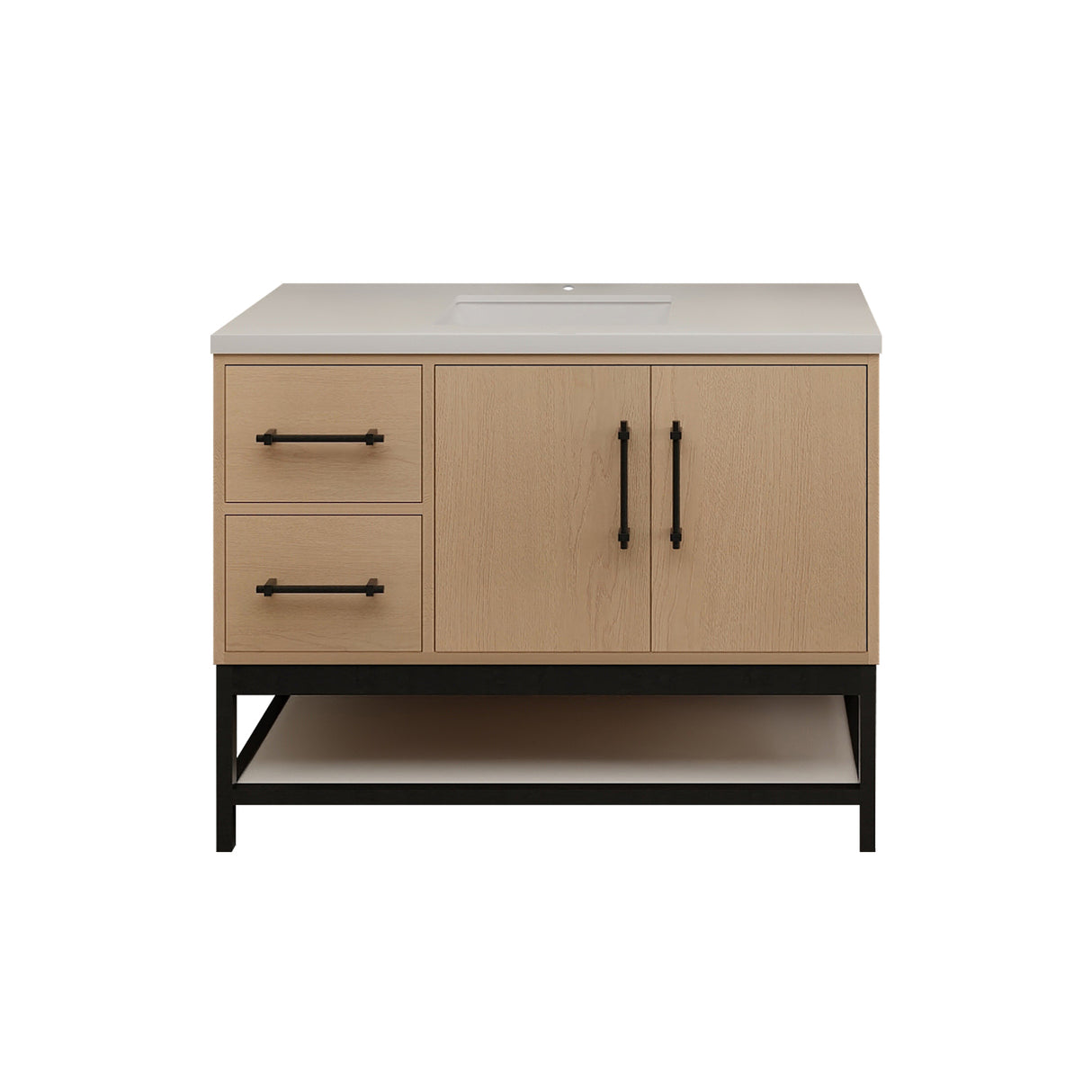 Victoria 42 In. Freestanding Single Sink Bathroom Vanity with Acrylic Sink Top, Open Shelf Storage & Left Side Drawers & Doors