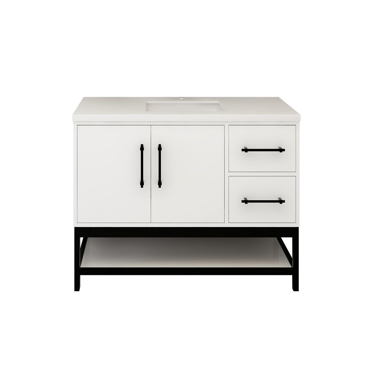 Victoria 42 In. Freestanding Single Sink Bathroom Vanity with Acrylic Sink Top, Open Shelf Storage & Right Side Drawers & Doors
