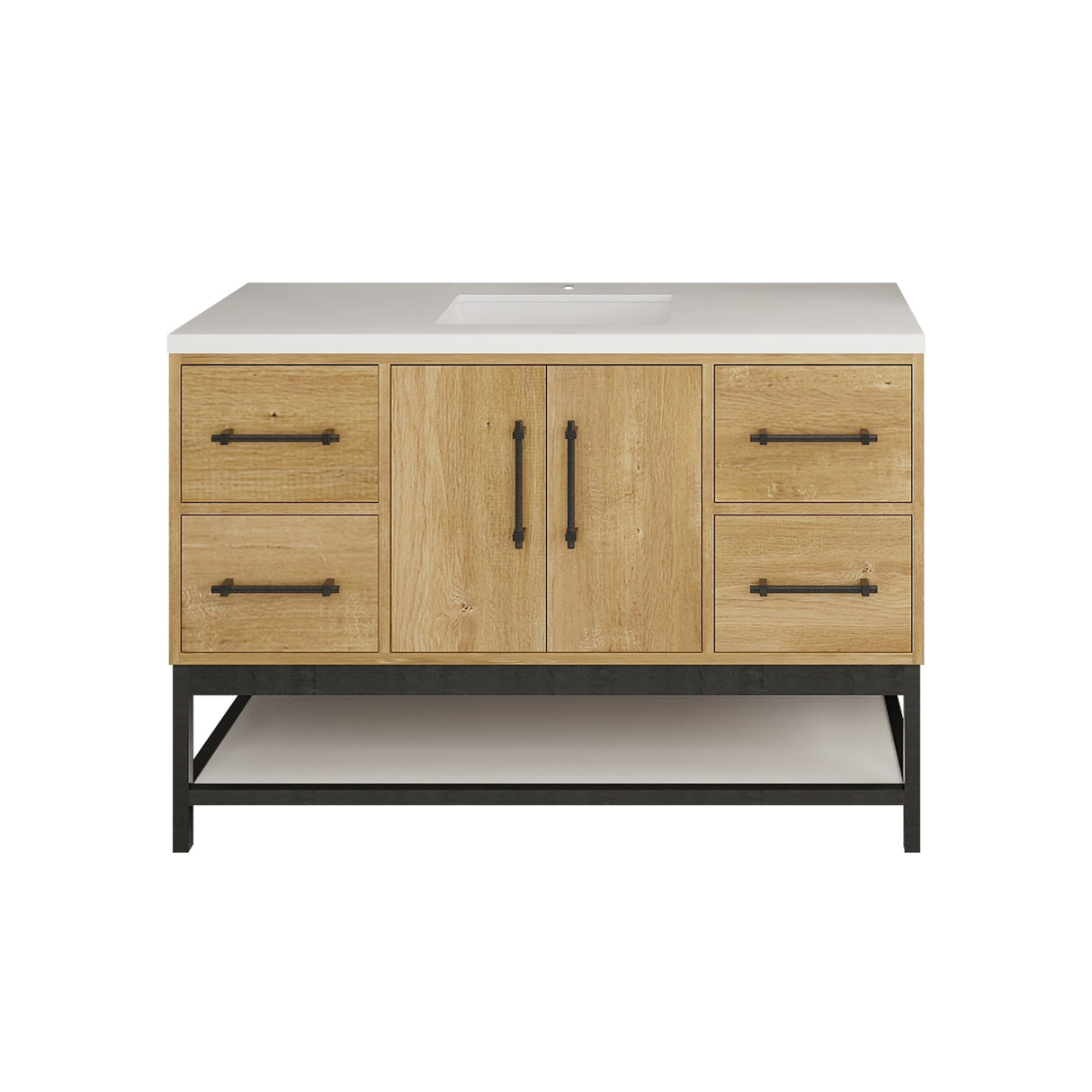 Victoria 48 In. Freestanding Single Sink Bathroom Vanity with Acrylic Sink Top, Open Shelf Storage & Soft Closing Doors & Drawers