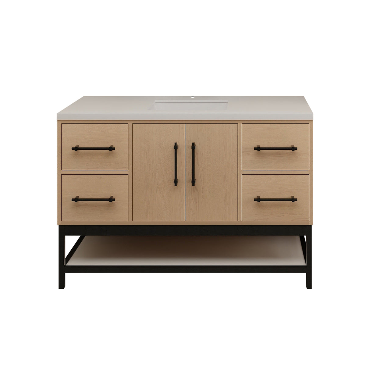 Victoria 48 In. Freestanding Single Sink Bathroom Vanity with Acrylic Sink Top, Open Shelf Storage & Soft Closing Doors & Drawers