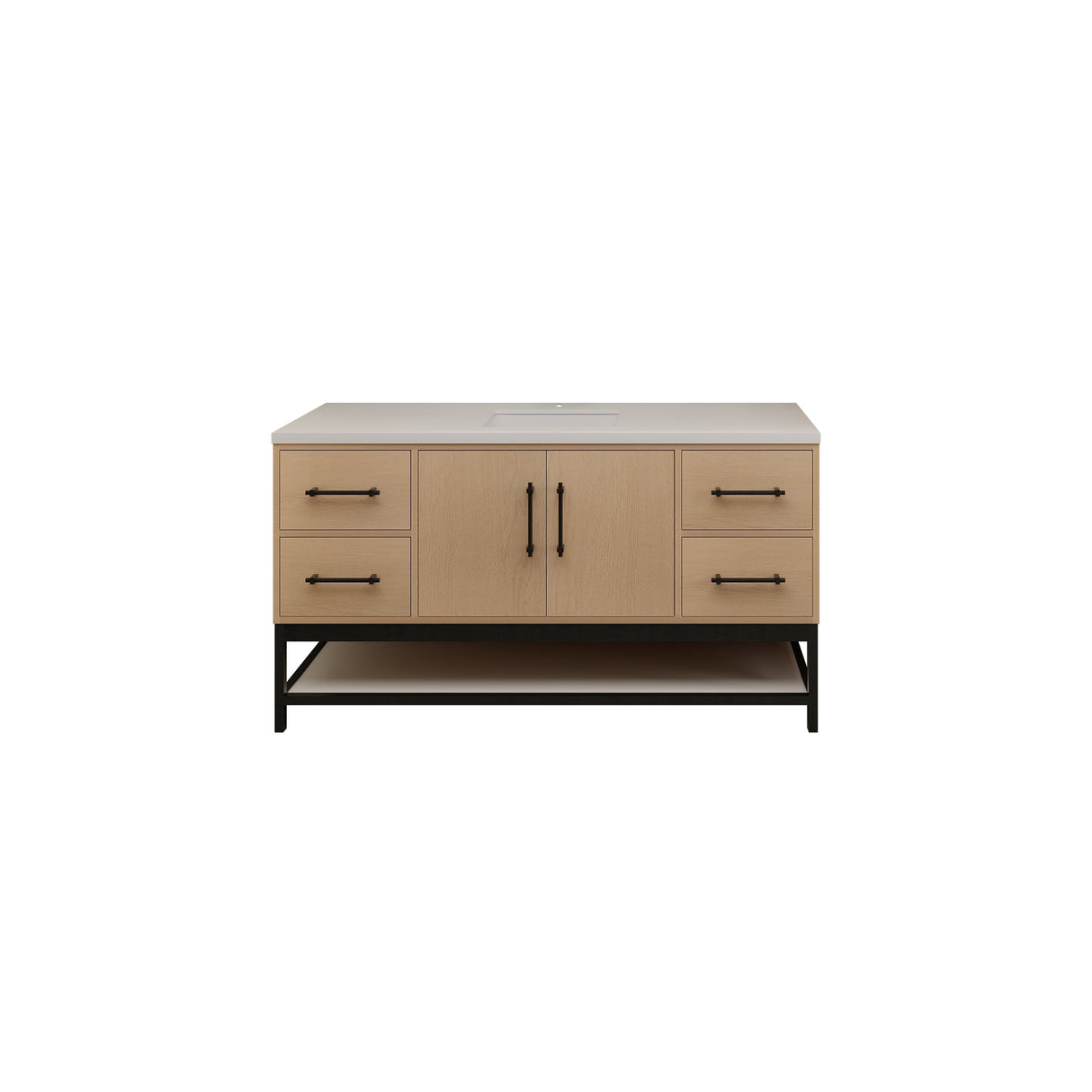 Victoria 60 In. Freestanding Single Sink Bathroom Vanity with Acrylic Sink Top, Open Shelf Storage & Soft Closing Doors & Drawers