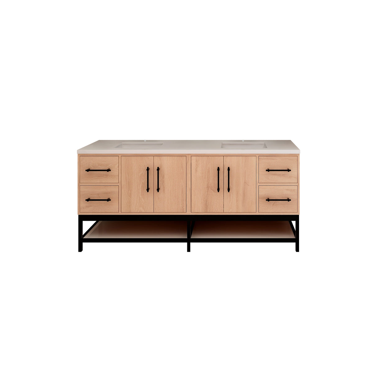 Victoria 72 In. Freestanding Double Sink Bathroom Vanity with Acrylic Sink Top, Open Shelf Storage & Soft Closing Doors & Drawers