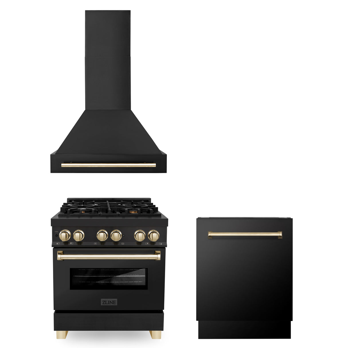 ZLINE 30" Autograph Edition Kitchen Package with Black Stainless Steel Dual Fuel Range, Range Hood and Dishwasher with Polished Gold Accents (3AKP-RABRHDWV30-G)