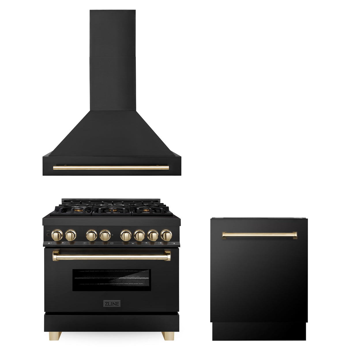 ZLINE 36" Autograph Edition Kitchen Package with Black Stainless Steel Dual Fuel Range, Range Hood and Dishwasher with Polished Gold Accents (3AKP-RABRHDWV36-G)