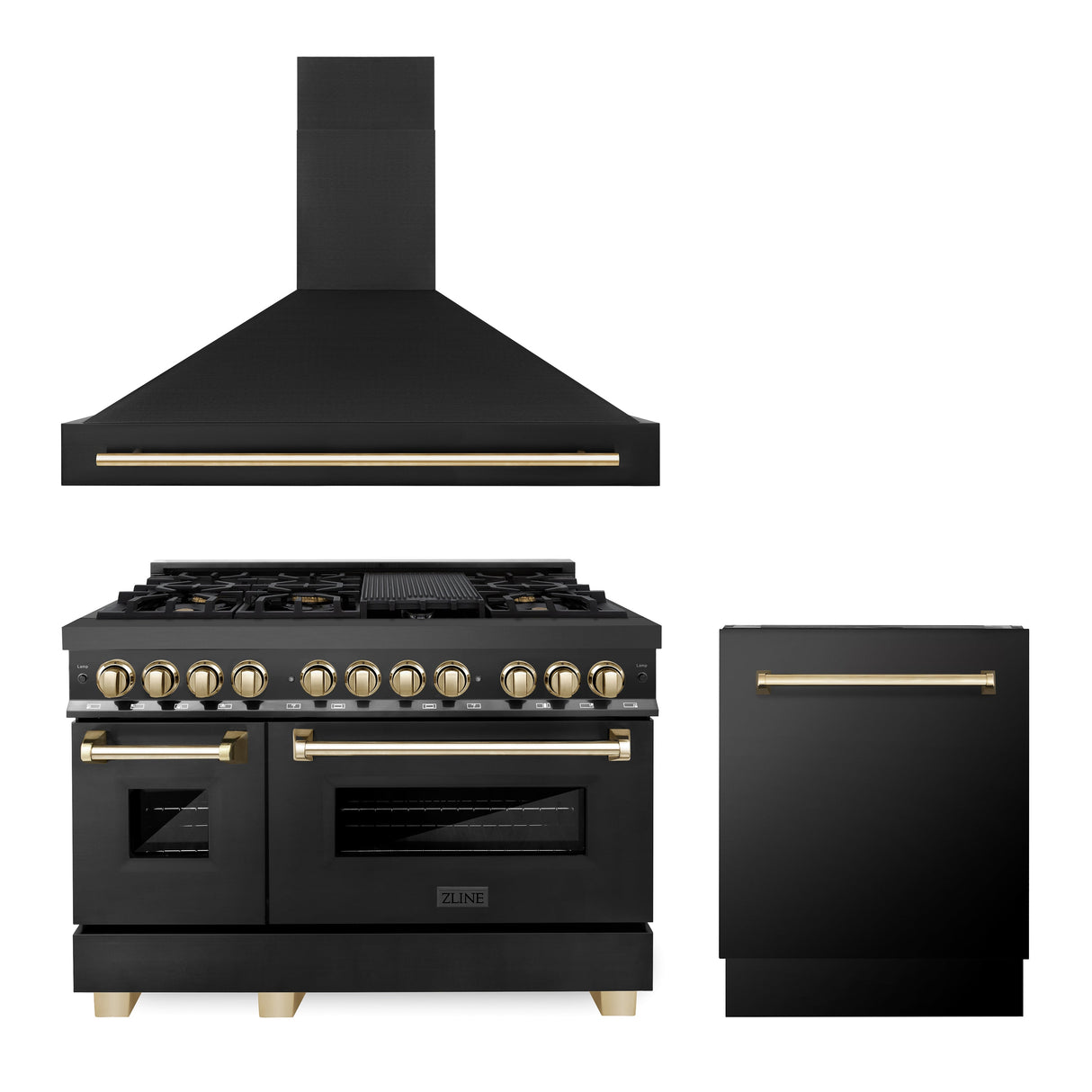 ZLINE 48" Autograph Edition Kitchen Package with Black Stainless Steel Dual Fuel Range, Range Hood and Dishwasher with Polished Gold Accents (3AKP-RABRHDWV48-G)