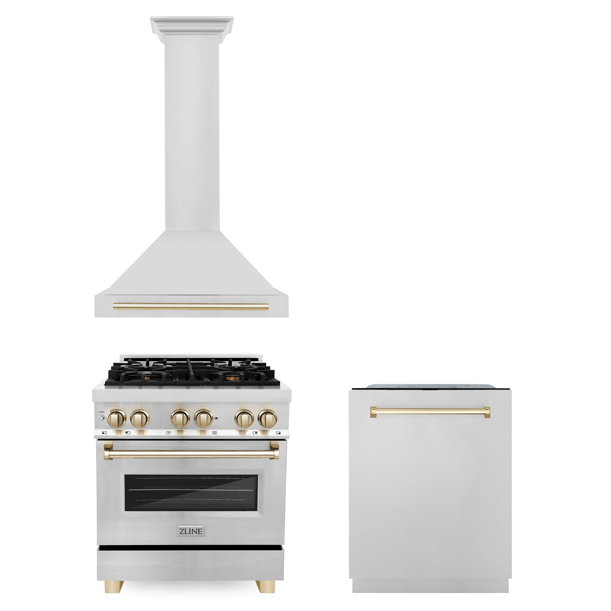 ZLINE 30" Autograph Edition Kitchen Package with Stainless Steel Dual Fuel Range, Range Hood and Dishwasher with Polished Gold Accents (3AKP-RARHDWM30-G)