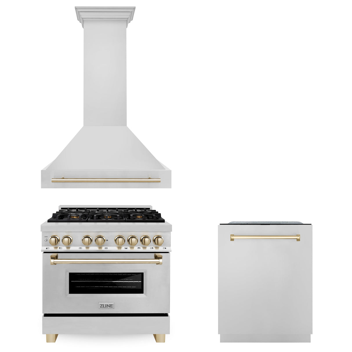 ZLINE 36" Autograph Edition Kitchen Package with Stainless Steel Dual Fuel Range, Range Hood and Dishwasher with Polished Gold Accents (3AKP-RARHDWM36-G)