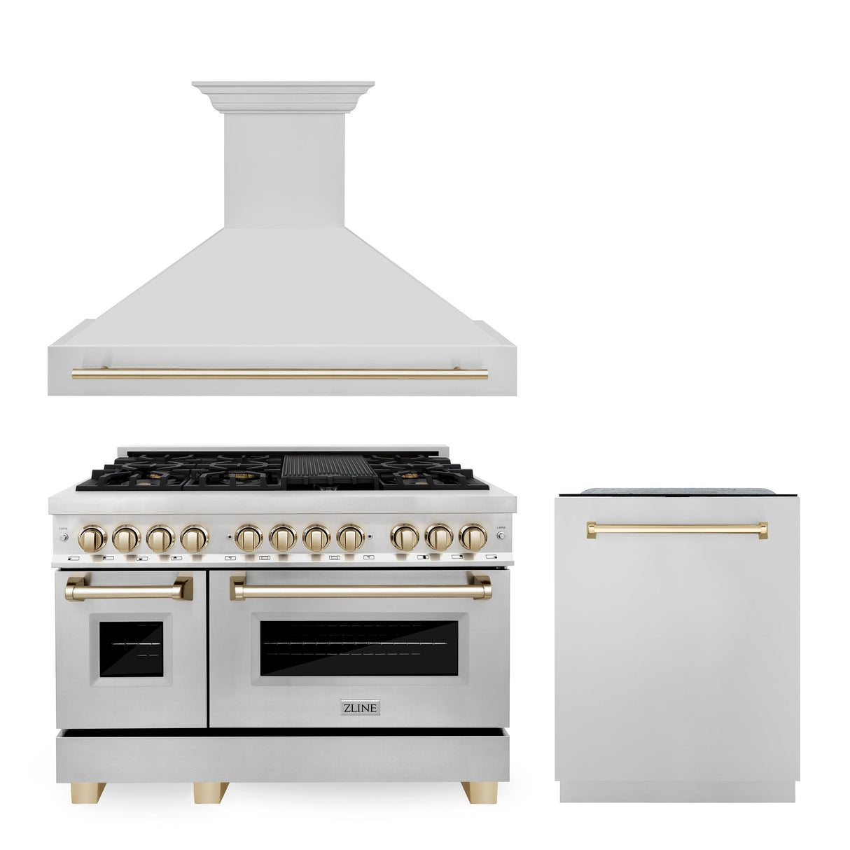 ZLINE 48" Autograph Edition Kitchen Package with Stainless Steel Dual Fuel Range, Range Hood and Dishwasher with Polished Gold Accents (3AKP-RARHDWM48-G)