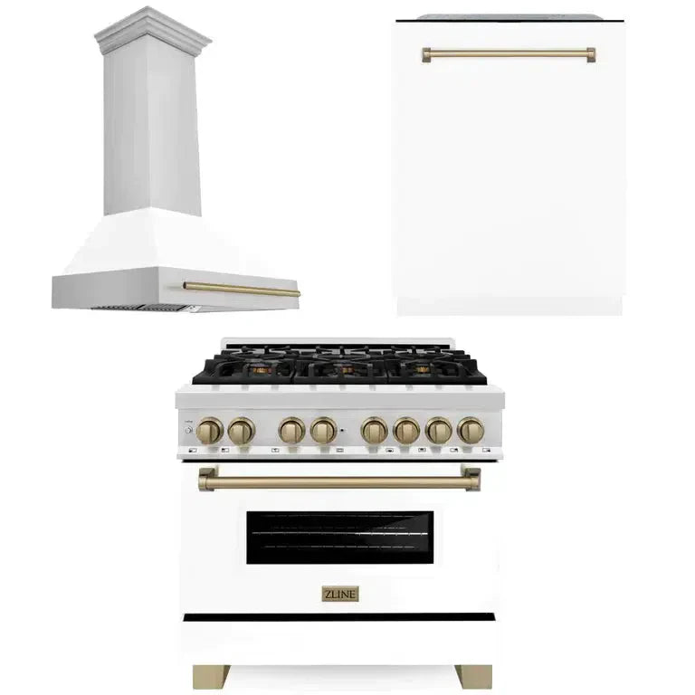 ZLINE Autograph Edition 36 in. Kitchen Package with Stainless Steel Dual Fuel Range with White Matte Door, Range Hood and Dishwasher with Champagne Bronze Accents (3AKP-RAWMRHDWM36-CB)