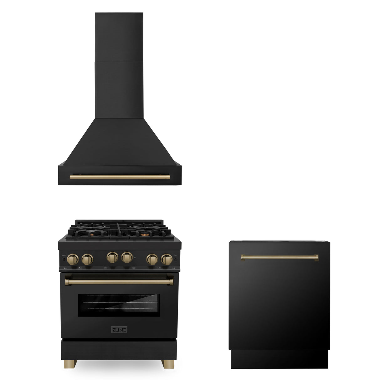 ZLINE 30" Autograph Edition Kitchen Package with Black Stainless Steel Gas Range, Range Hood and Dishwasher with Champagne Bronze Accents (3AKP-RGBRHDWV30-CB)