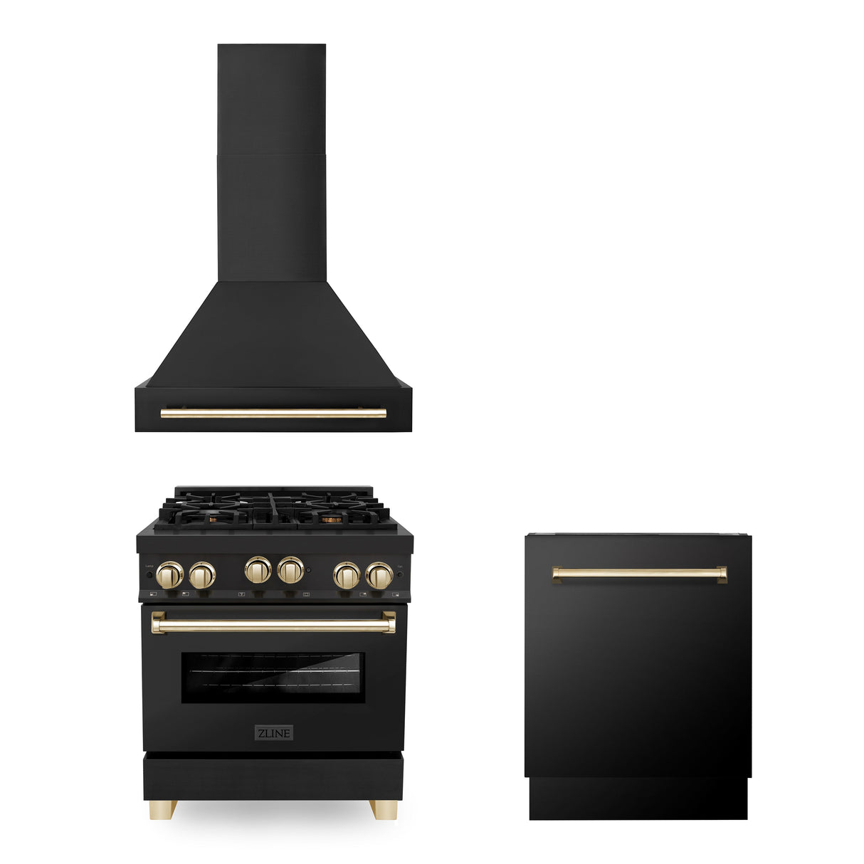 ZLINE 30" Autograph Edition Kitchen Package with Black Stainless Steel Gas Range, Range Hood and Dishwasher with Polished Gold Accents (3AKP-RGBRHDWV30-G)