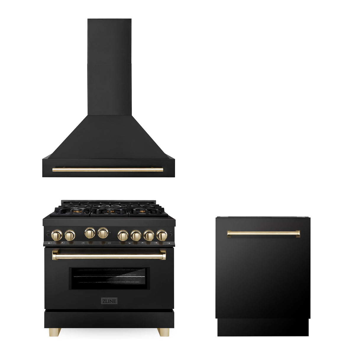 ZLINE 36" Autograph Edition Kitchen Package with Black Stainless Steel Gas Range, Range Hood and Dishwasher with Polished Gold Accents (3AKP-RGBRHDWV36-G)