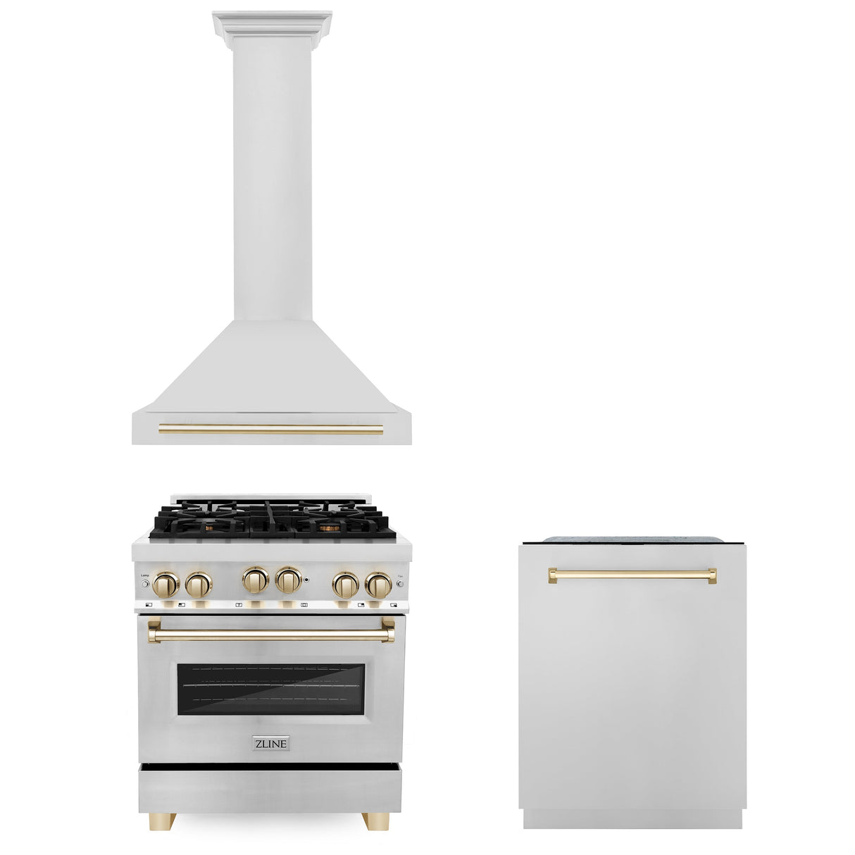 ZLINE 30" Autograph Edition Kitchen Package with Stainless Steel Gas Range, Range Hood and Dishwasher with Polished Gold Accents (3AKP-RGRHDWM30-G)