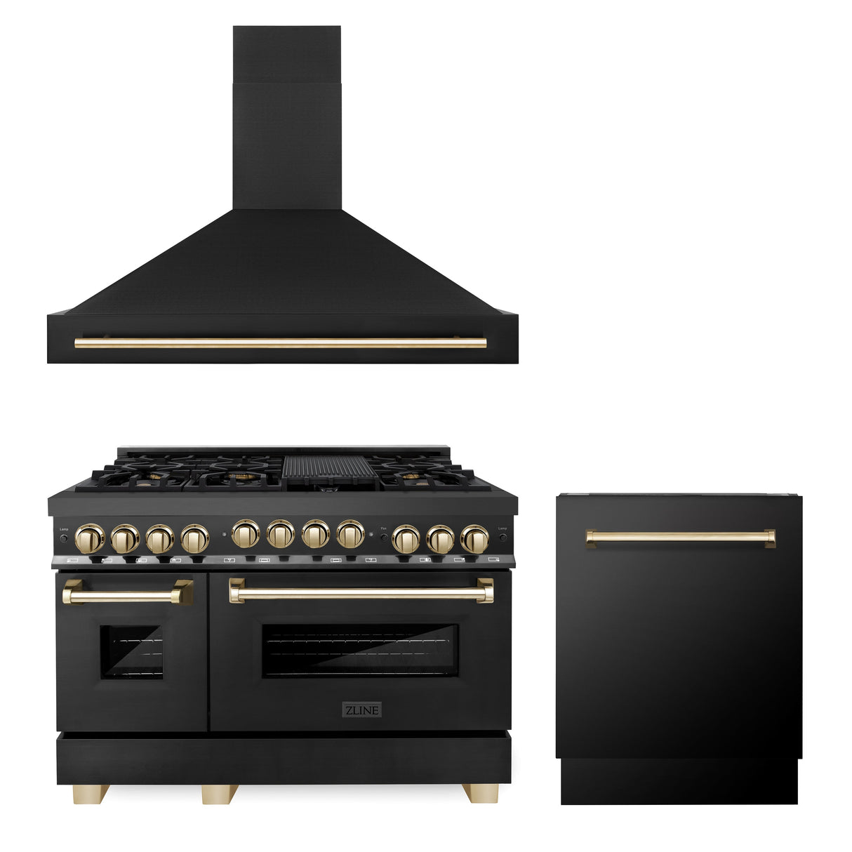 ZLINE 48" Autograph Edition Kitchen Package with Black Stainless Steel Gas Range, Range Hood and Dishwasher with Polished Gold Accents (3AKPR-RGBRHDWV48-G)
