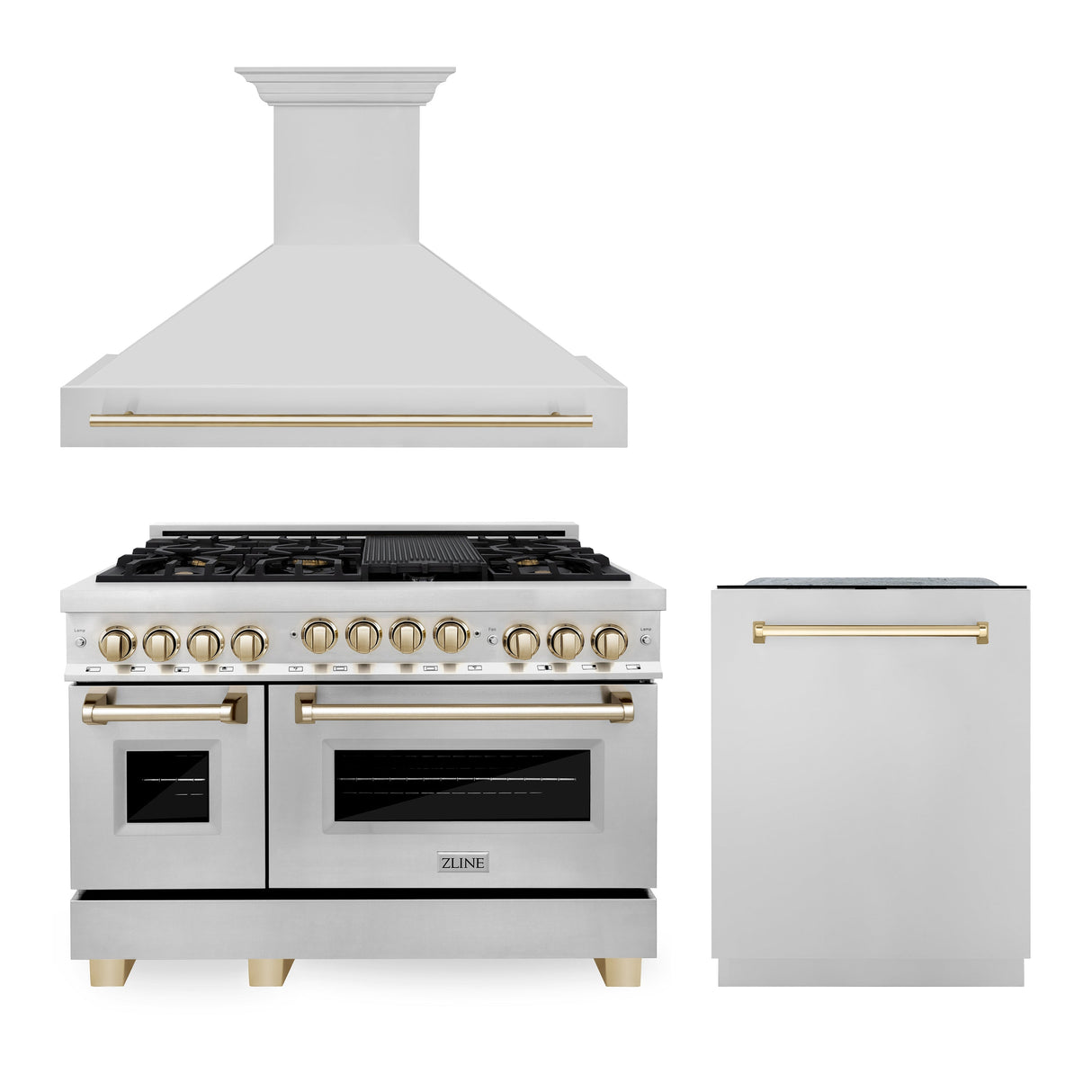 ZLINE 48" Autograph Edition Kitchen Package with Stainless Steel Gas Range, Range Hood and Dishwasher with Polished Gold Accents (3AKPR-RGRH48-G)