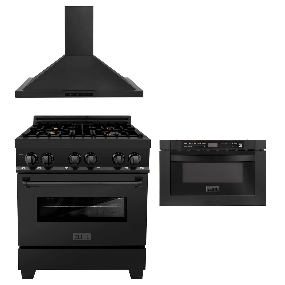 ZLINE 30 in. Kitchen Package with Black Stainless Steel Dual Fuel Range, Convertible Vent Range Hood and Microwave Drawer (3KP-RABRH30-MW)